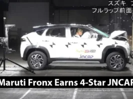 Maruti Suzuki Fronx compact crossover in red, speeding on a futuristic road with a glowing '4-Star JNCAP Safety Rating' badge and a safety shield graphic in the background.