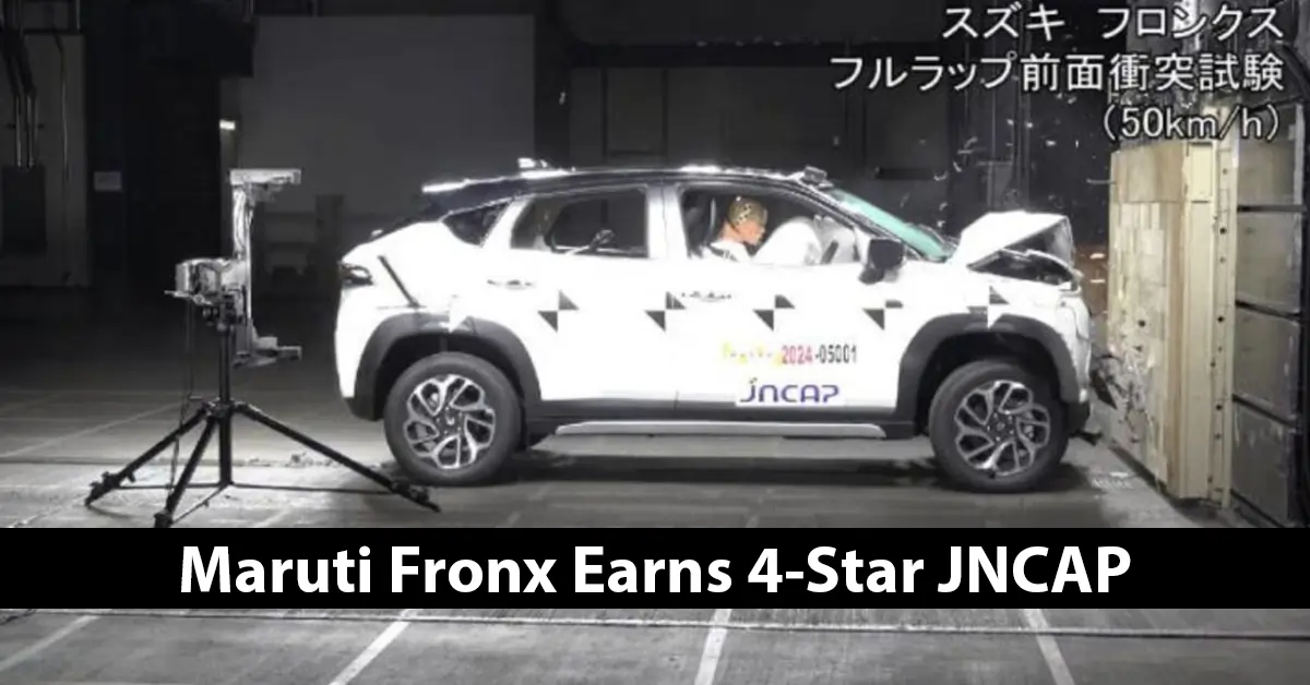 India’s Maruti Suzuki Fronx Smashes JNCAP Crash Test with 4-Star Glory! Maruti Suzuki Fronx compact crossover in red, speeding on a futuristic road with a glowing '4-Star JNCAP Safety Rating' badge and a safety shield graphic in the background.