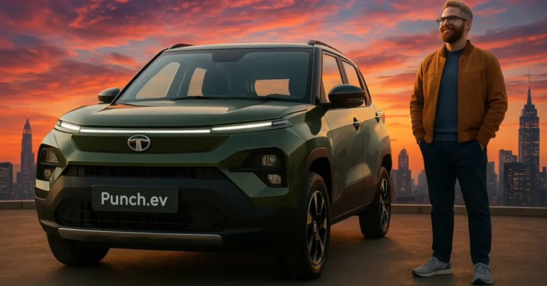 Tata Punch EV electric SUV in Empowered Oxide Dual Tone parked on an urban road at dusk with LED headlights and city skyline.
